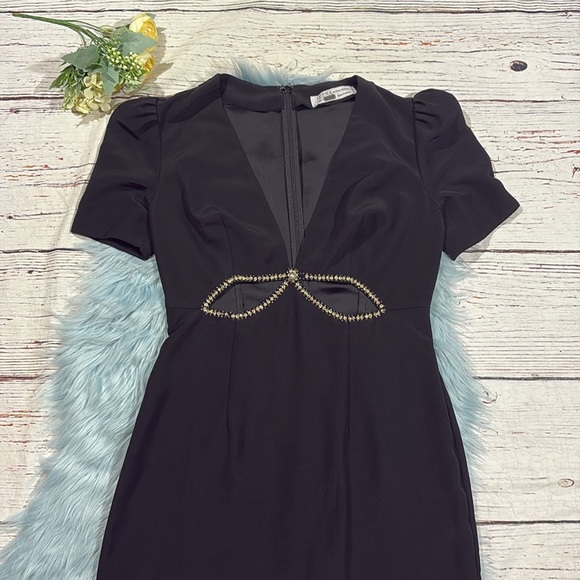 Mac Duggal Embellished Cutout Gown rhinestone puff sleeve bow black maxi - Picture 5 of 10